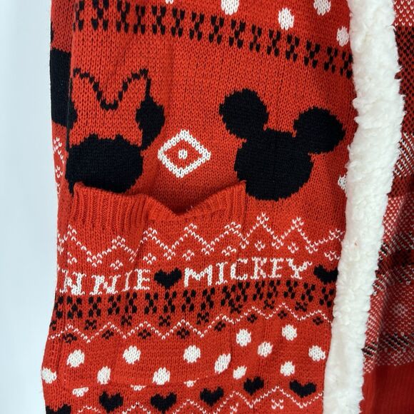 Hot Topic Disney Mickey Minnie Cardigan Size Medium Red Sherpa Sweater Fair Isle - Picture 3 of 8